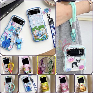 Đối với samsung galaxy z flip 5 z flip 4 z flip 3 cartoon printed wave edge case với kickstand dây đeo cổ tay mềm mại trong suốt vỏ bọc silicon gợn sóng với dây đeo vòng đeo tay