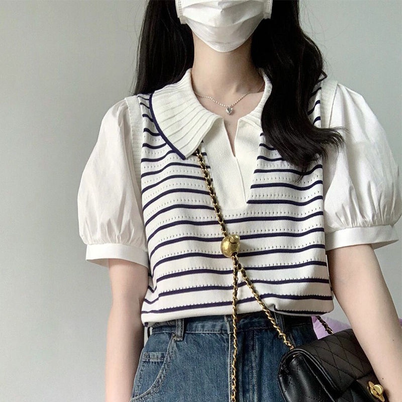 Áo Thun polo Ngắn Tay Giả Hai Lớp Họa Tiết Sọc Ngang Thời Trang Dành Cho Nữ