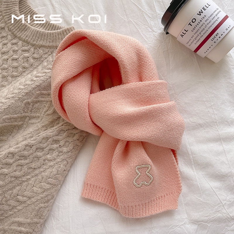 Misskoi  Khăn Choàng Len Dệt Kim Dài Màu Trơn Phong Cách Hàn Quốc Giữ Ấm Mùa Đông Cho Cặp Đôi