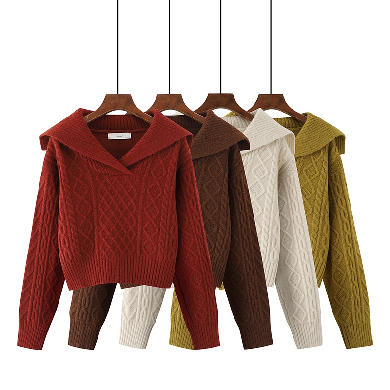 Large lapel retro sweater high waist short sweater women's winter soft waxy pullover long sleeve pullover knitted top MC women's PQQ8