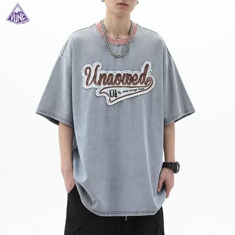 Áo Thun Denim Tay Ngắn Dáng Rộng Phong Cách Thời Trang Retro Mỹ Cho Nam Giới