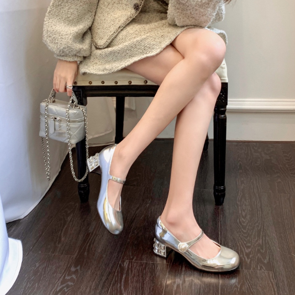 Giày Cao Gót mary jane Gót Dày Bằng Da Đính Đá Và Ngọc Trai Dành Cho Nữ 02715