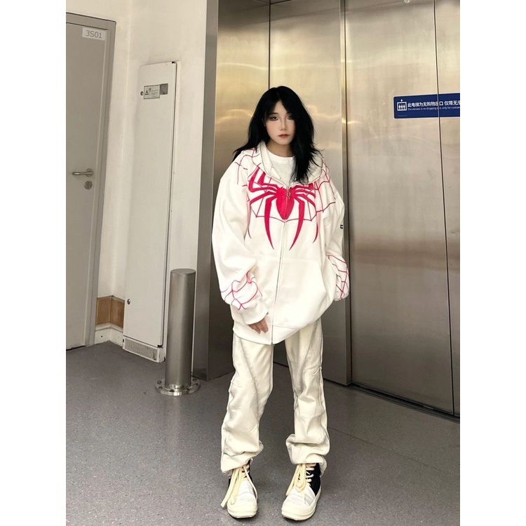 Áo hoodie MMIOT Y2k thêu họa tiết nhện phong cách hip hop cho nữ