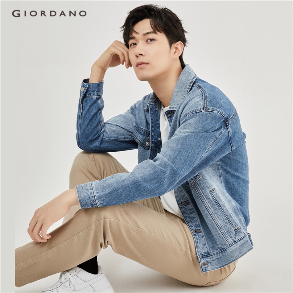 Giordano men multi-pocket turn-down collar áo khoác denim cotton 18073602