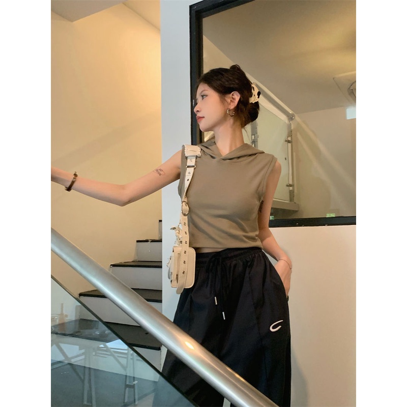 Lemon studio phong cách mỹ nữ t áo sơ mi thời trang không tay có mũ trùm đầu slim fit short top female t-shirt 203