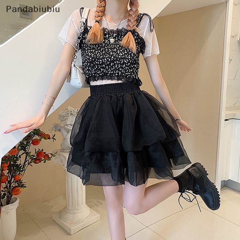 Phụ nữ Pháp cao eo ngọt ngào Preppy thời trang gạc pouffant váy Joo