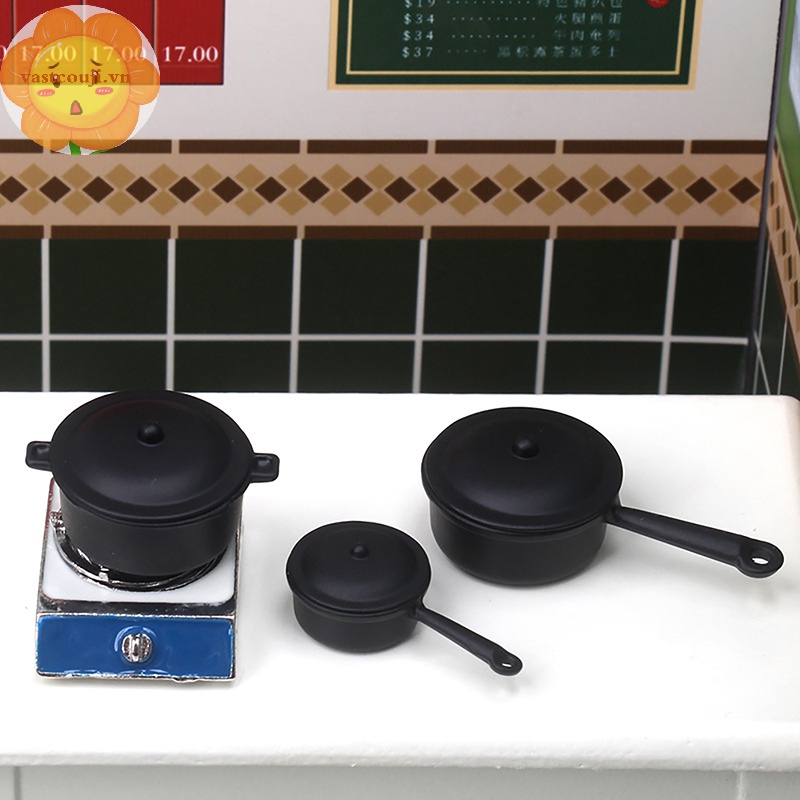 Vastji 1set 1:12 dollhouse miniature soup pot pan w / cover gas stove kitchen model decor toy doll house accessories vn