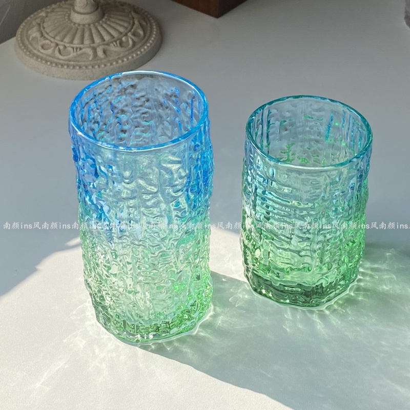 Cốc Thủy Tinh Uống Cà Phê / Nước Ép Họa Tiết Vân Gỗ Xanh Dương Gradient Phong Cách Bắc Âu Cho Nữ