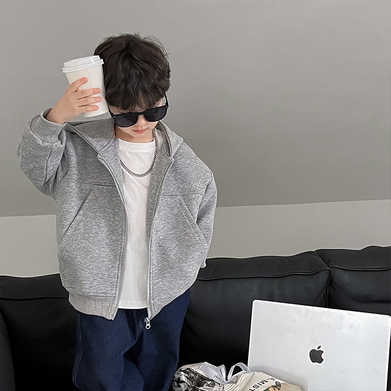 Trẻ em nhật bản và hàn quốc có mũ trùm đầu áo khoác cotton thêu chữ màu rắn