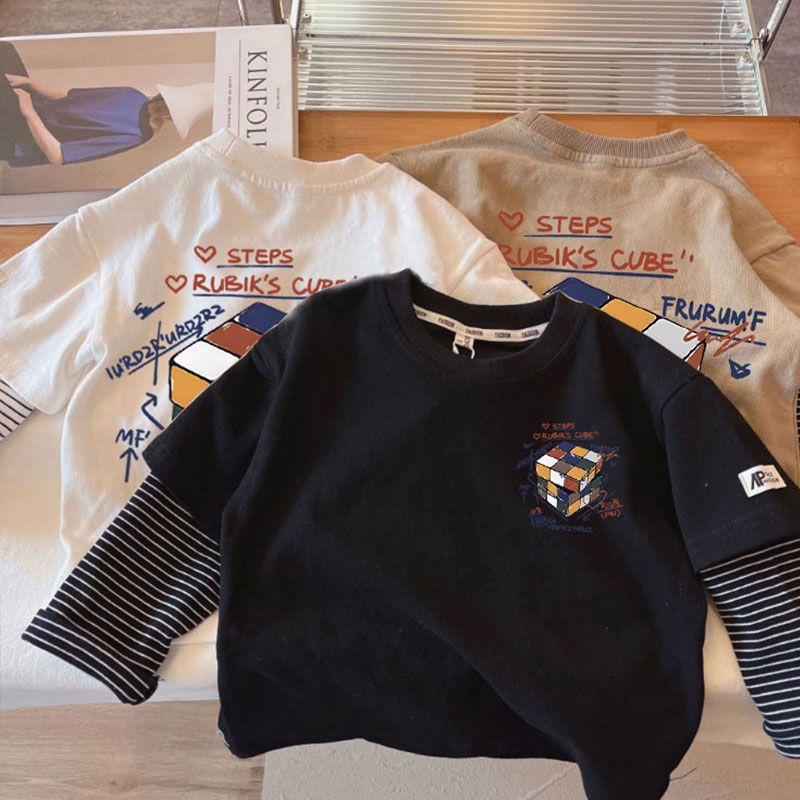 100% cotton boy dài tay áo nối áo thun in áo thun phong cách hàn quốc thời trang hàng đầu trẻ em mặc lỏng budak lelaki baju