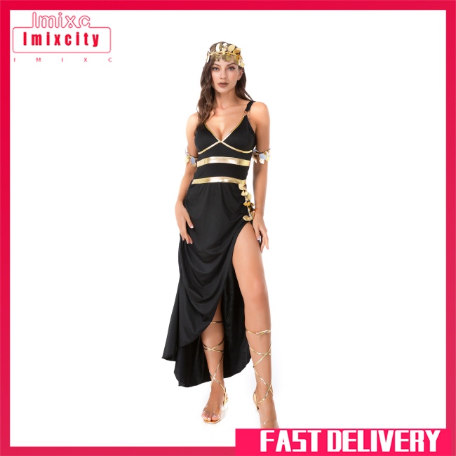 Imixcity halloween cleopatra cosplay trang phục nữ thần hy lạp váy dạ hội đen gợi cảm