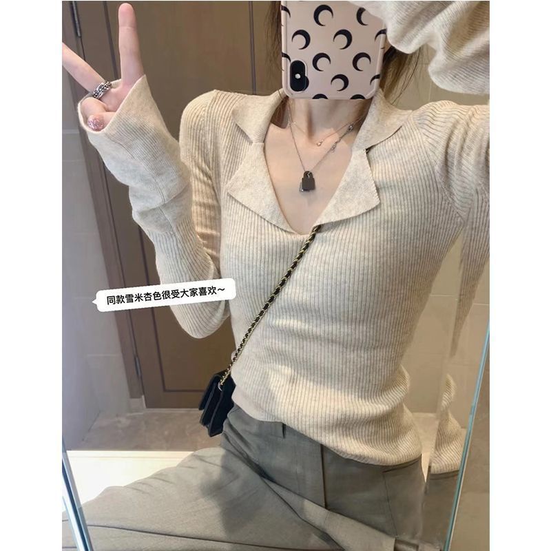 Mùa thu dài tay t-shirt polo cổ áo dệt kim đáy áo sơ mi phụ nữ hàng đầu
