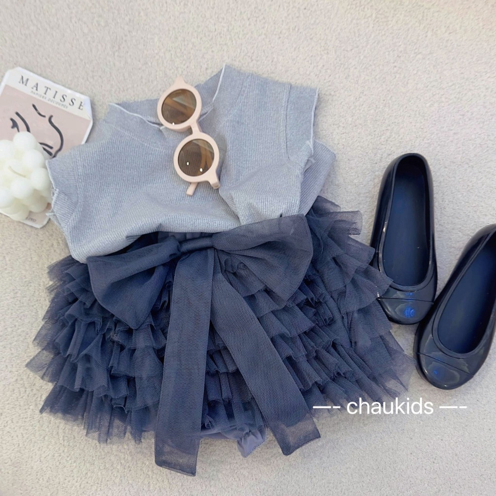 SET ÁO SÁT NÁCH TĂM PHỐI CHÂN VÁY TẦNG ĐÍNH NƠ CHO BÉ GÁI SIZE 8-18KG