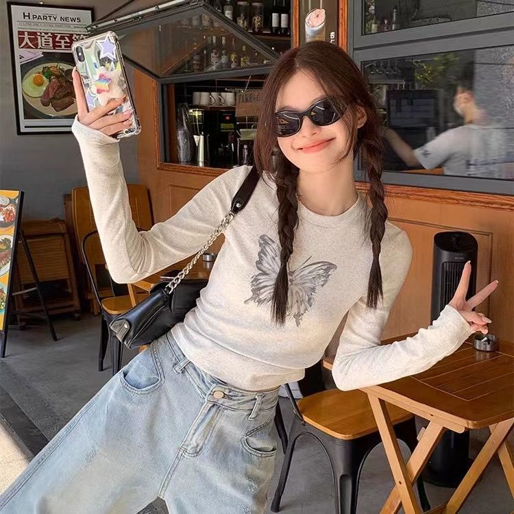 Áo Thun Tay Dài Màu Xám In Hình Bướm Thời Trang Xuân Thu Cho Nữ