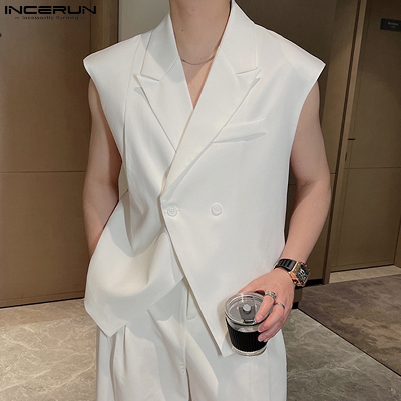 Áo ghi lê INCERUN không tay màu trơn phong cách Hàn Quốc thời trang dành cho nam