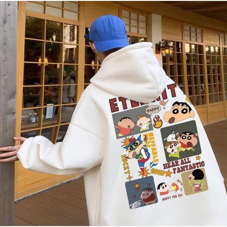 Áo hoodie dáng rộng lót cotton 100% hai lớp có mũ trùm thời trang cho unisex Cartoon Crayon Xiaoxin Velvet Áo len
