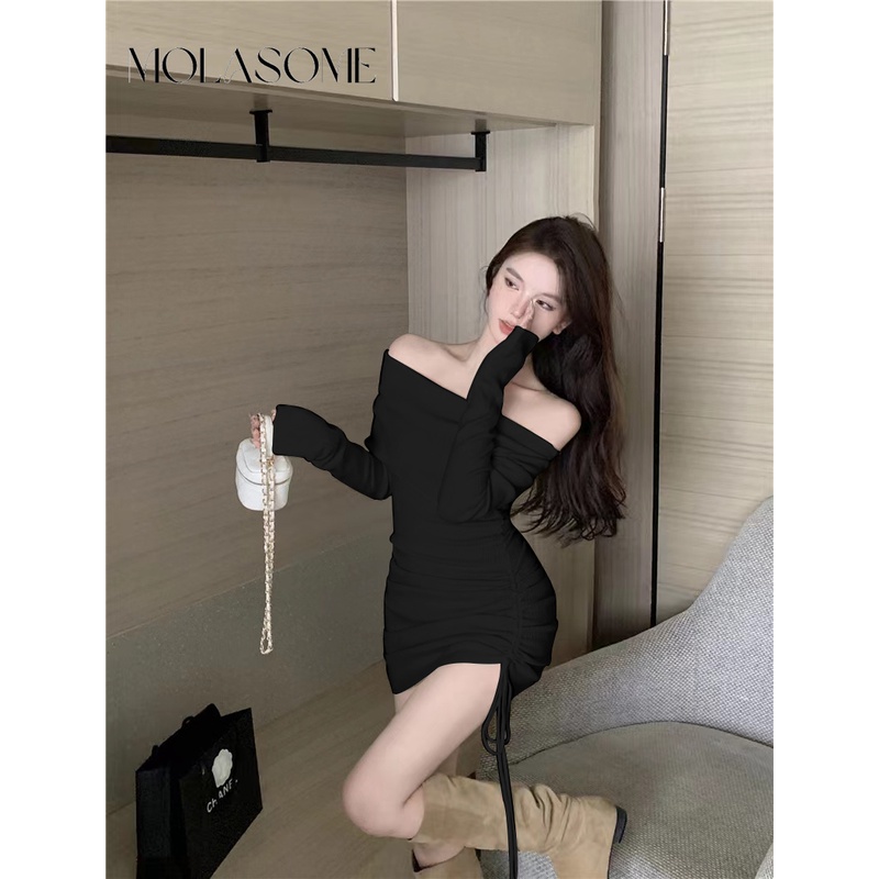 Đầm nữ MOLASOME màu trơn tay dài trễ vai sexy dễ phối đồ 2023 off