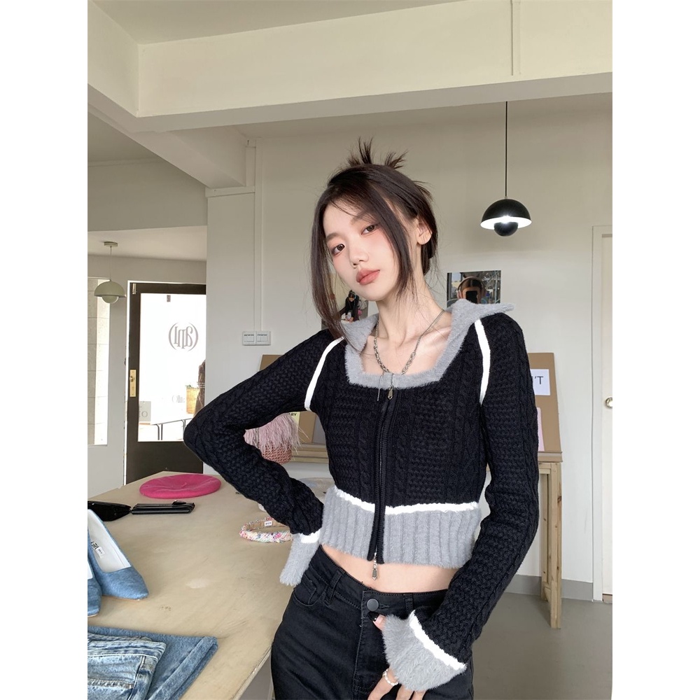 Áo len ngắn cardigan nữ mùa đông phong cách mới ins niche design sense phong cách hàn quốc dây kéo slim-fit black knit top