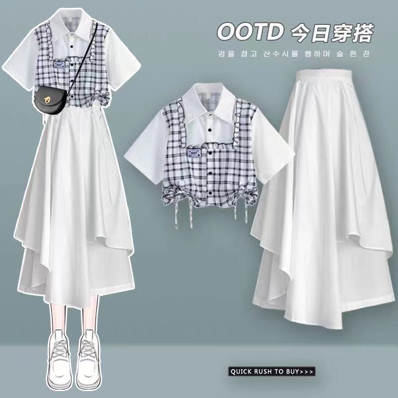 Bộ Áo Sơ Mi + Chân Váy Lệch Tà Phong Cách Preppy Thời Trang Mùa Hè 2023 Mới Cho Nữ