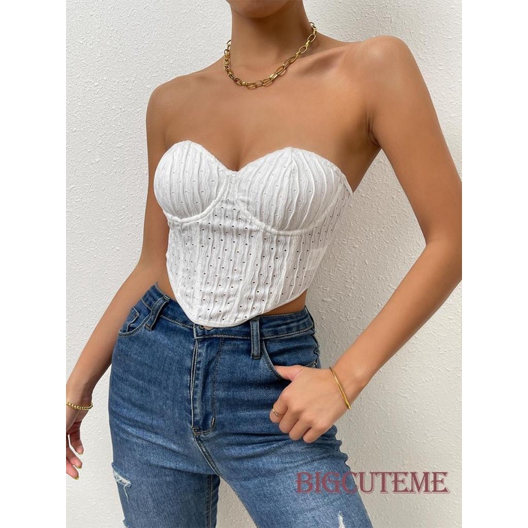 [] Áo Ống Có Vòng Thép Jacquard Quấn Ngực Không Dây Xương Cá Mùa Hè Viền Không Đều Màu Trắng Thời Trang Cho Nữ