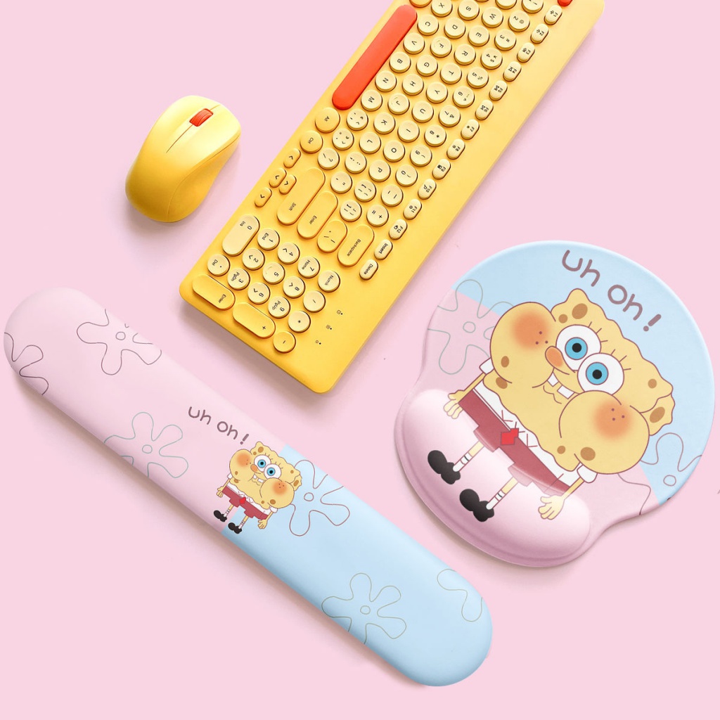 ~ ~ ~ Set Băng Đeo Cổ Tay Tích Hợp Đệm Bàn Phím Máy Tính Hai Mảnh In Hình SpongeBob Squarepants Phong Cách ins