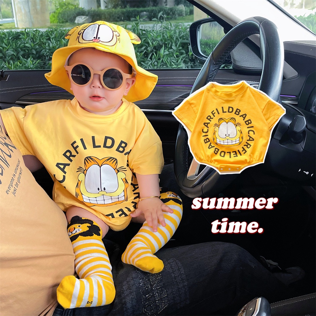 Bộ Áo Liền Quần Ngắn Tay Vải Cotton Mềm Thoáng Khí In Hoạt Hình Mèo Garfield Dễ Thương Cho Bé