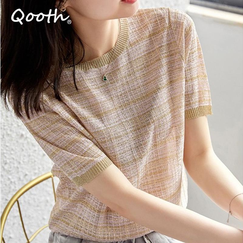 Áo Sơ Mi Dệt Kim Tay Ngắn Dáng Ôm Họa Tiết Kẻ Sọc Thời Trang Công Sở Cho Bạn Gái QT2071