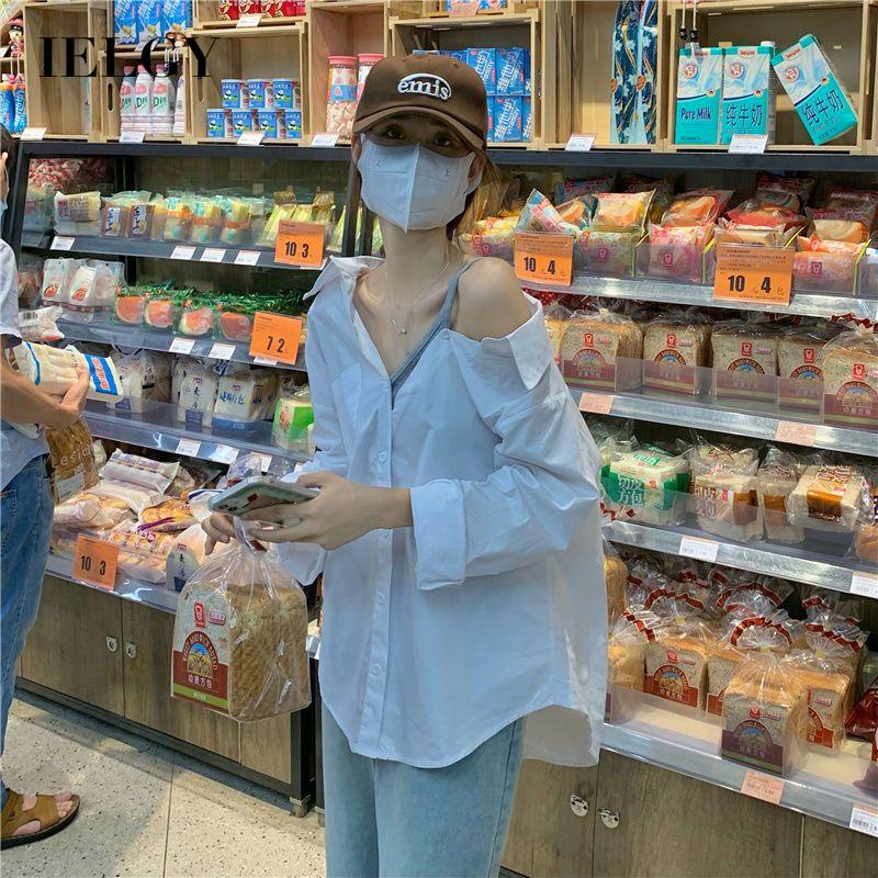 IELGY Áo Sơ Mi Tay Dài Lệch Vai Dáng Rộng Thời Trang Dành Cho Nữ