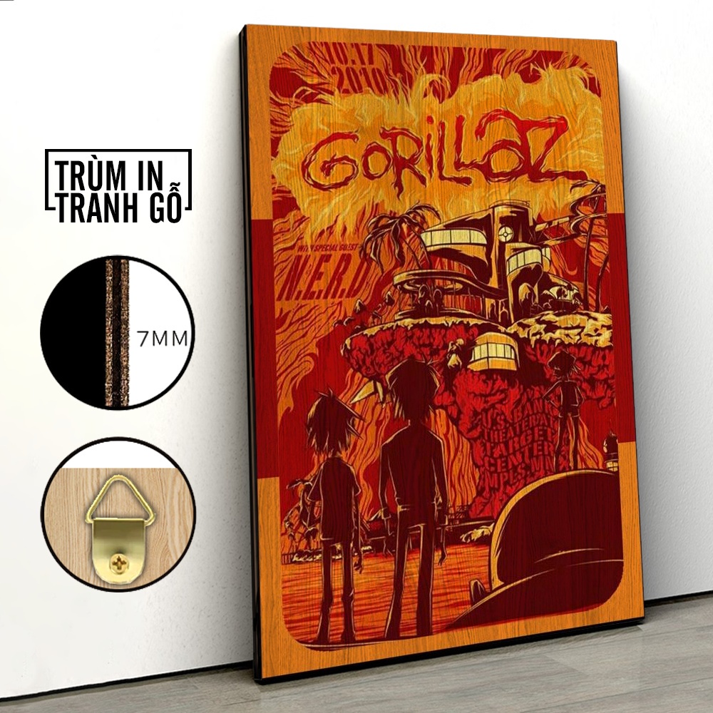 Tranh in gỗ trang trí nội thất Gorillaz Vintage Retro Poster Rock N' Roll 8Plus decor phòng ngủ phòng khách văn phòng