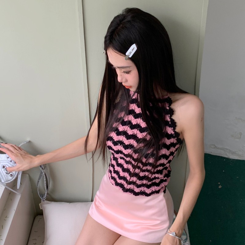 Áo Dệt Kim Cổ Yếm Dáng Ôm Họa Tiết Kẻ Sọc Thời Trang Cho Nữ