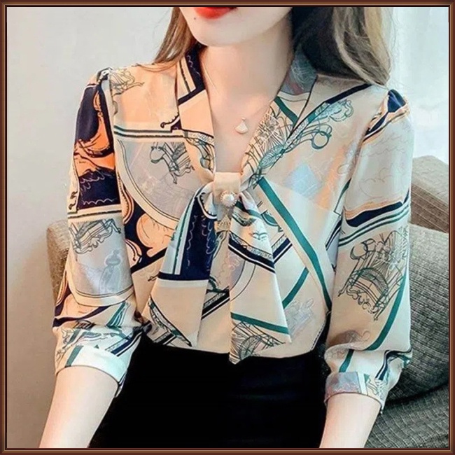 Áo Sơ Mi Chiffon Cổ Chữ V Dáng Ôm In Họa Tiết Hình Học Thanh Lịch Thời Trang Cho Nữ