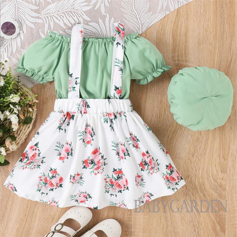 Set Đồ Mùa Hè 3 Món Gồm Áo Tay Cộc Có Nút Cài Màu Xanh Lá + Váy Hoa + Mũ Cho Bé Gái 4-7 Tuổi