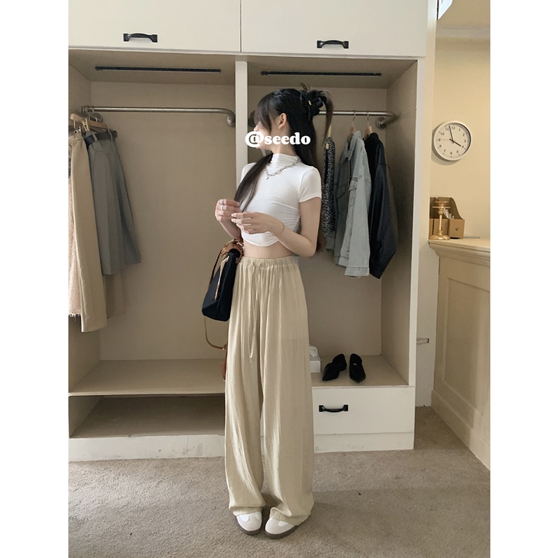 QKOOLE  Quần Dài Ống Rộng Lưng Cao Dây Rút Thân Thiện Với Da Phong Cách retro Hàn Quốc