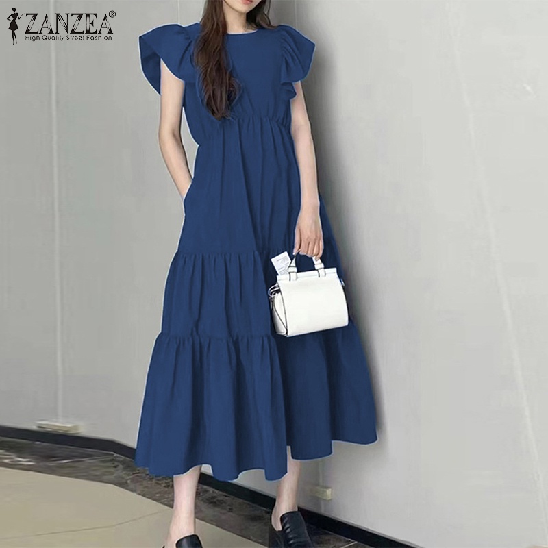 ZANZEA Đầm Dài Cổ Tròn Tay Phối Bèo Lưng Thun Có Túi Thời Trang Thanh Lịch Cho Nữ