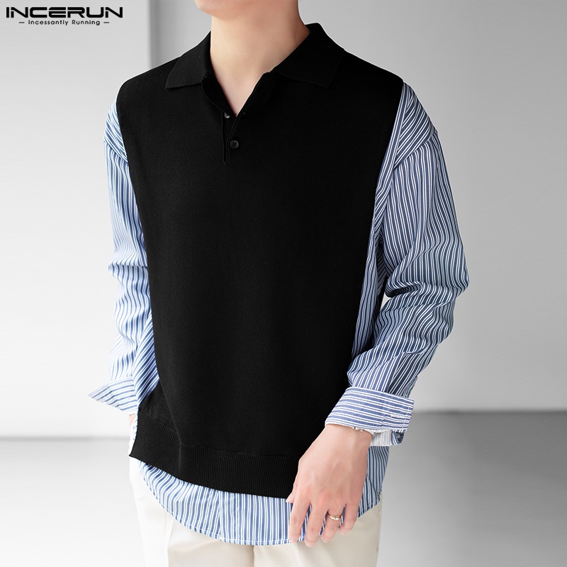 Áo INCERUN tay dài kẻ sọc giả hai lớp thời trang cá tính cho nam
