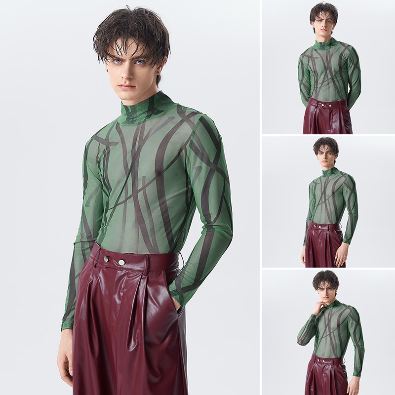 Áo thun INCERUN tay dài dáng ôm phối lưới in họa tiết cá tính