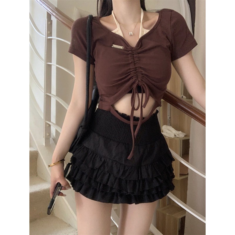 Áo Thun Ngắn Mỏng Màu Trơn Dây Rút Cổ Điển Mùa Hè Mới Cho Nữ