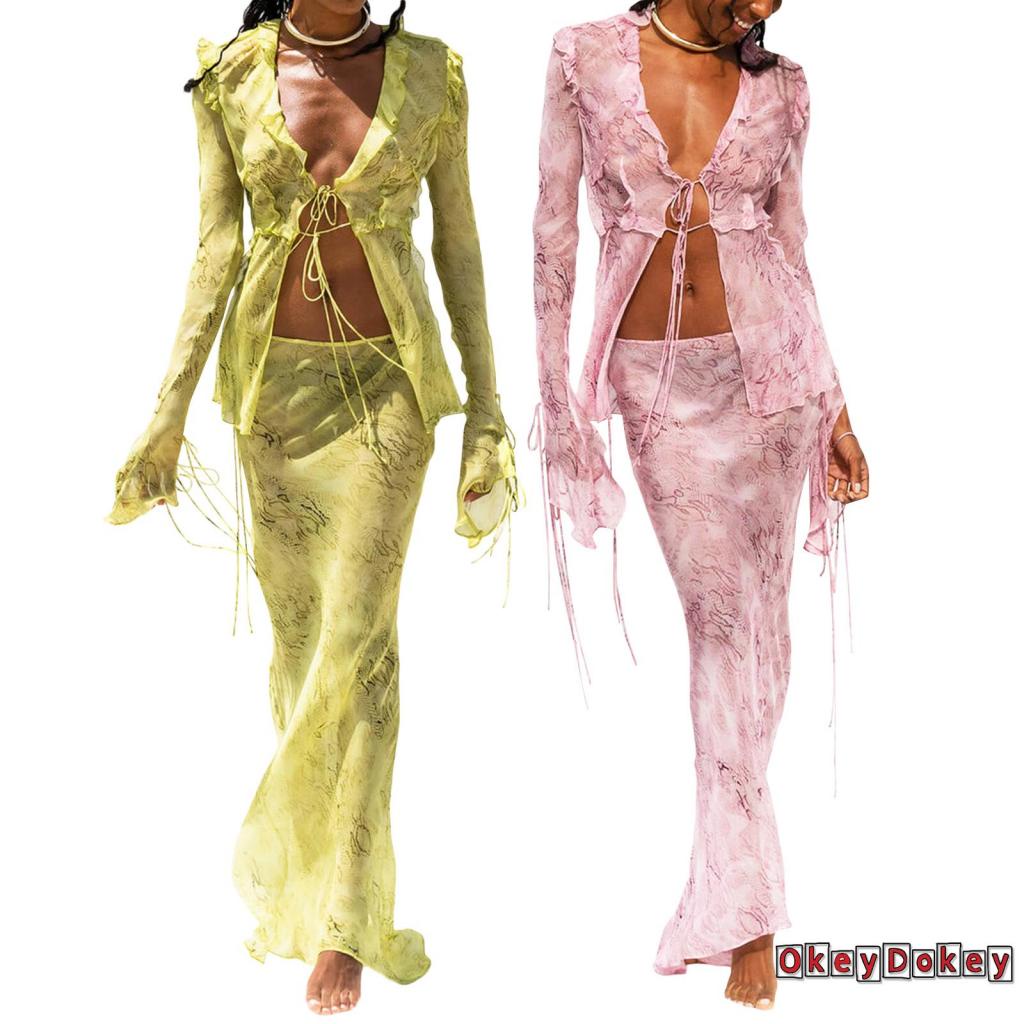 Okdk-bộ Áo Lưới Xuyên Thấu Buộc Dây Trước Và Chân Váy Dài Mùa Hè Cho Nữ