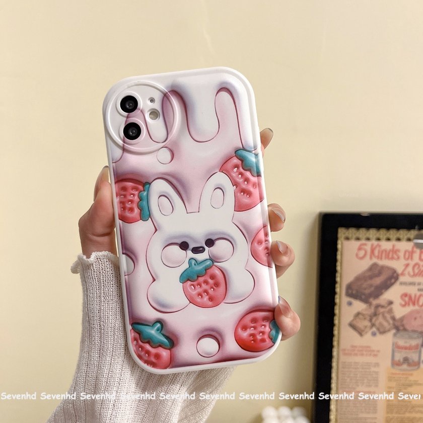 Ốp Điện Thoại Dẻo Họa Tiết Thỏ &amp; Dâu Tây 3D Cho iPhone 14 13 12 11 Pro Max X XR Xs Max 8 7 6 6s Plus SE 2020