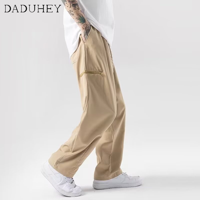 DaDuHey Men's Hong Kong Style Summer All-Matching Straight Pants 2023 New Fashion Oxford Cloth Loose Casual Pants