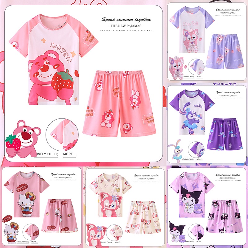 Bộ Đồ Ngủ Ngắn Tay In Hoạt Hình Lotso Hello Kitty Sanrio Kuromi Thời Trang Mùa Hè Cho Bé