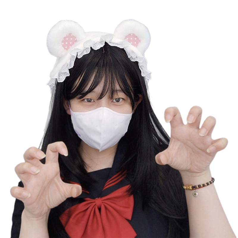 Băng Đô Cài Tóc Trang Trí Ren Xếp Ly Tai Gấu Ngọt Ngào Cho Bé Gái