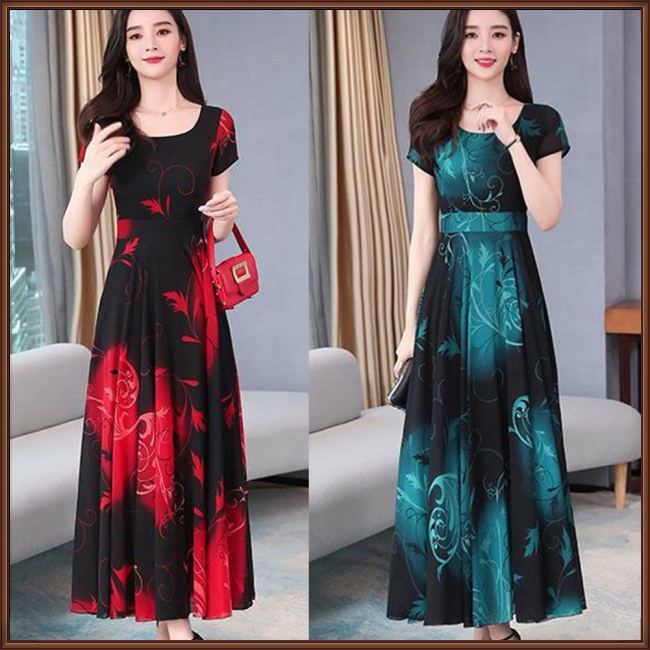 Đầm Dài Dáng Chữ A Tay Ngắn Cổ Tròn Eo Cao In Họa Tiết Thời Trang Cho Nữ