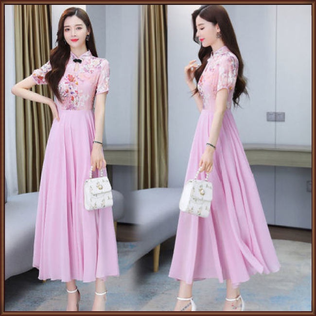 Đầm Sườn Xám Dáng Dài Tay Ngắn In Họa Tiết Thổ Cẩm Kiểu Retro Cỡ Lớn Thời Trang Cho Nữ