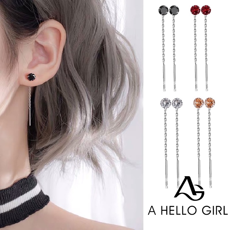 Ahellogirl Mạ Bạc Khuyên tai dáng dài đính đá zircon thời trang Hàn Quốc nữ