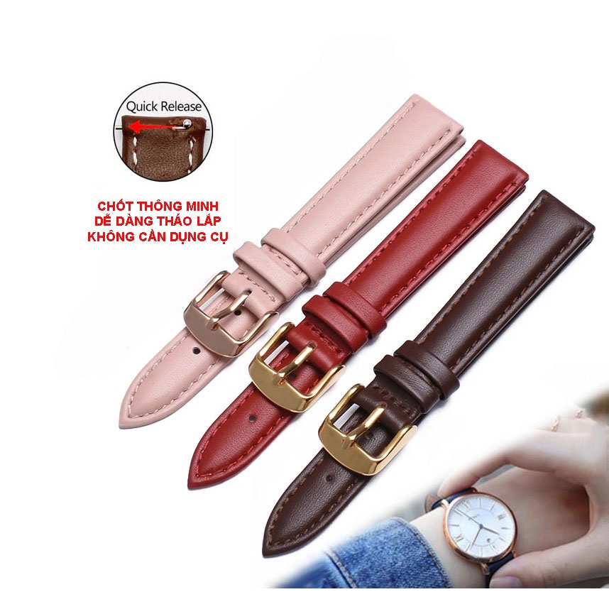 Dây đồng hồ da bò 2 mặt lớp da bò đầu tiên CHỐT THÔNG MINH BO-27 size 12 14 16 18 20mm