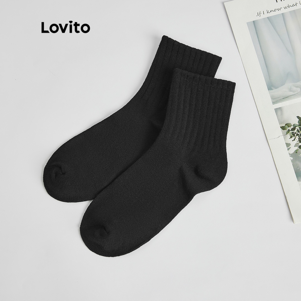 Vớ LOVITO hút ẩm mềm mại thoáng khí màu trơn thường ngày dành cho nữ L8LD090 (đen/ trắng)
