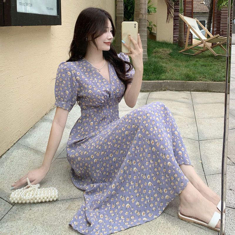 Đầm Voan Hoa Cổ Chữ V Nhấn Eo Xinh Xắn Thời Trang Cho Nữ