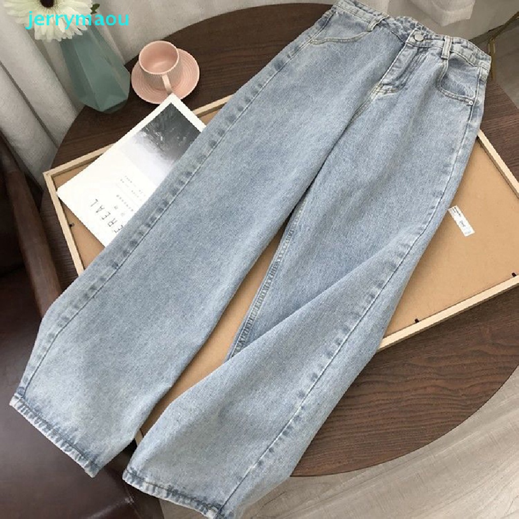 [JER] Quần Jean Cotton Dáng Rộng Lưng Cao Màu Xanh Dương Nhạt Thời Trang Đường Phố Hàn Quốc HBC Cho Nữ