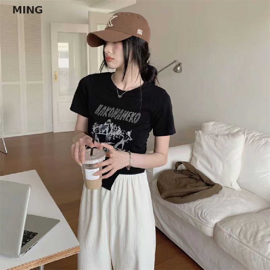 Áo Thun Lửng Ngắn Tay Cổ Tròn In Họa Tiết Retro Thời Trang Cho Nữ